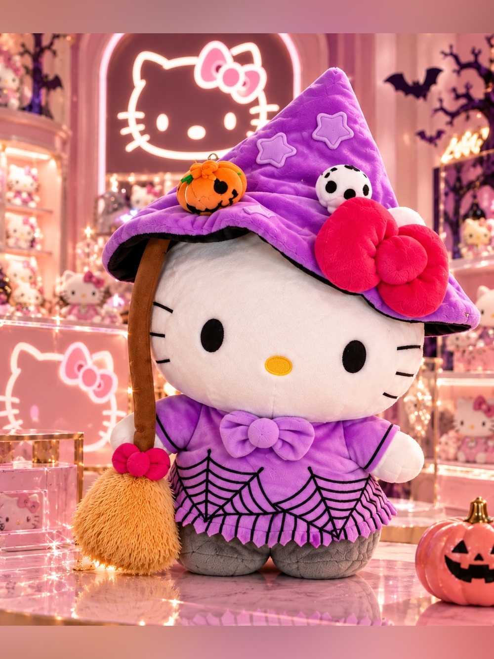 Hello Kitty Purple Witch Plush Costume with Pink Bow & Pumpkin Accent